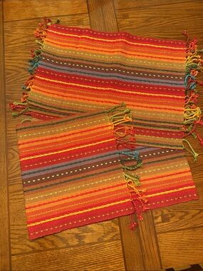 Pier 1 Vibrant Red Orange Striped Woven 6ft. Runner and 4 Placemats
